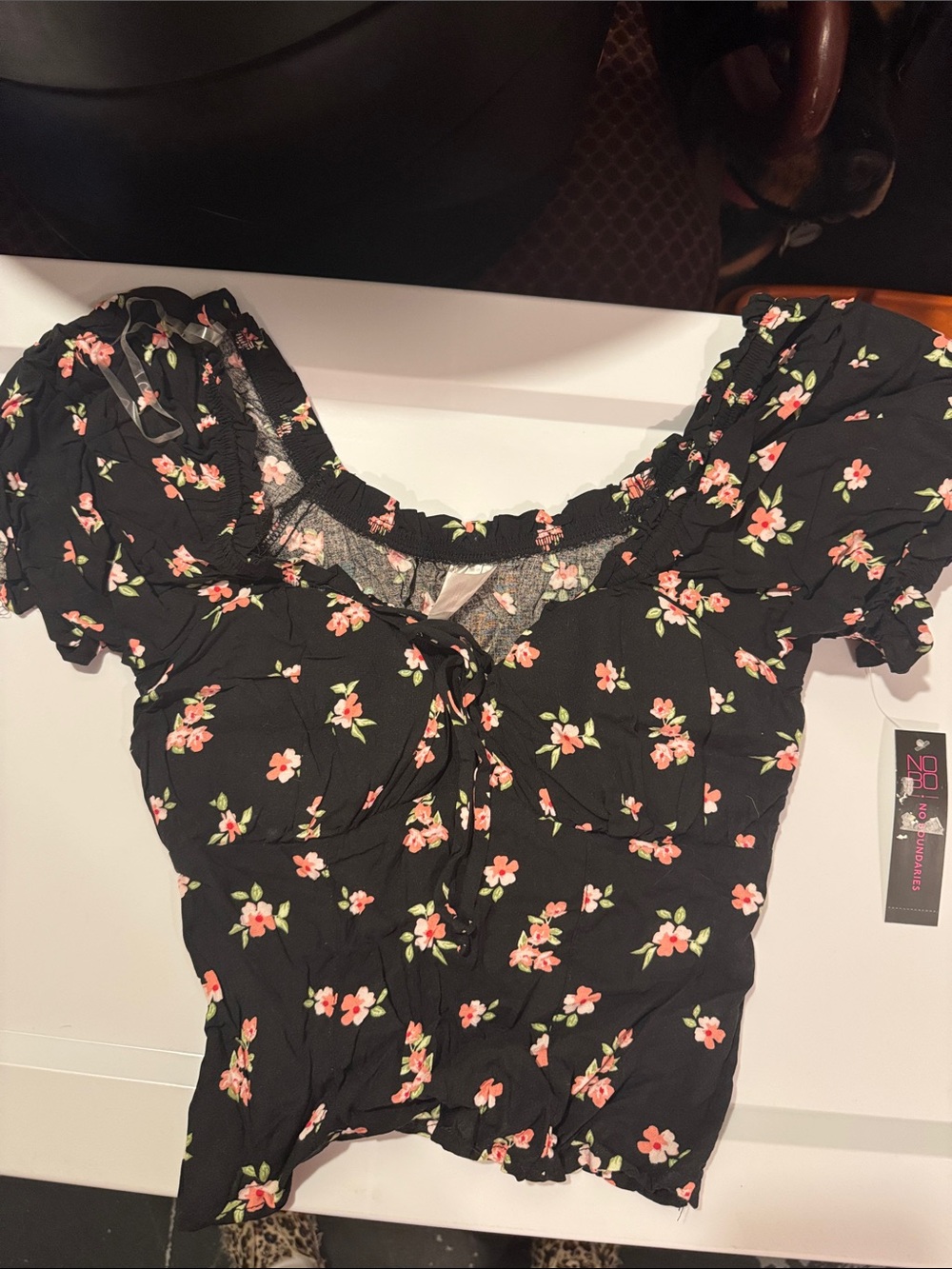 Floral Tie-Front Puff Sleeve Crop Top - Black with Pink Floral